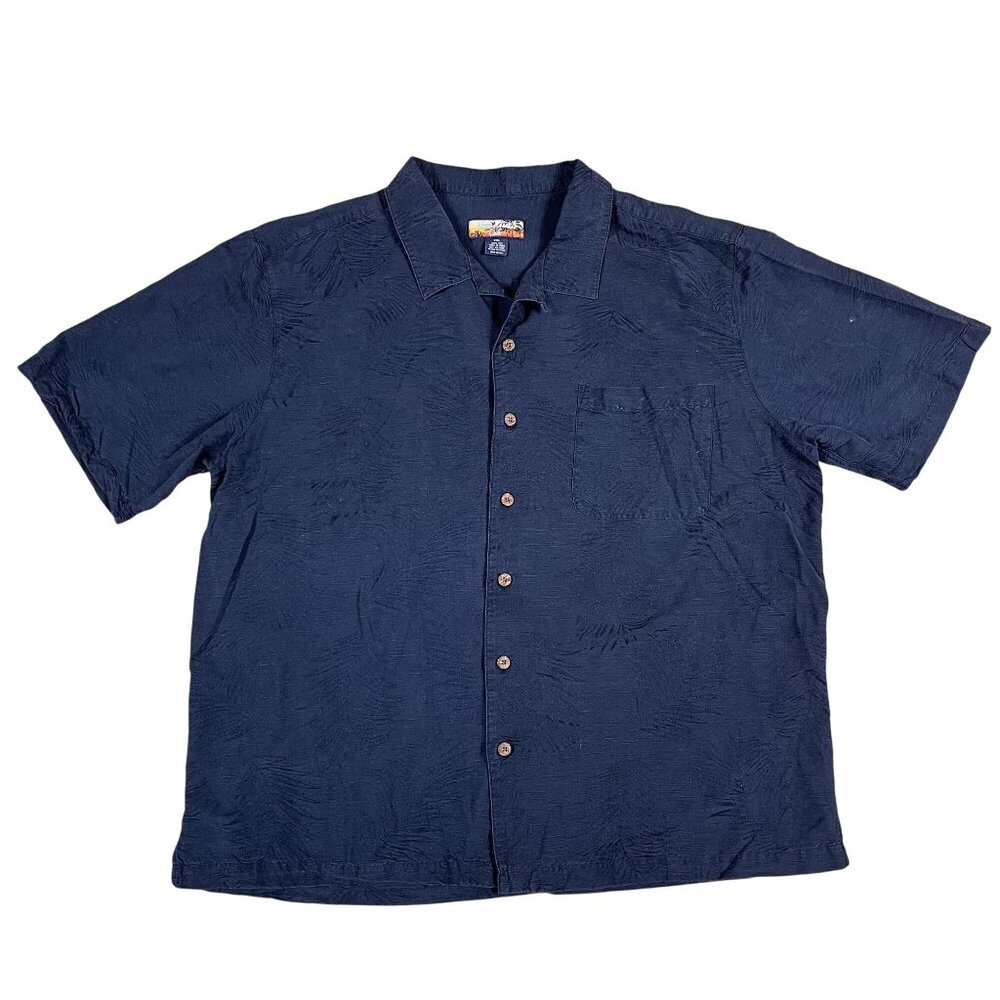 Havana Jack's Cafe Shirt Mens XXL Navy Blue Silk Tropical Jacquard Button Down